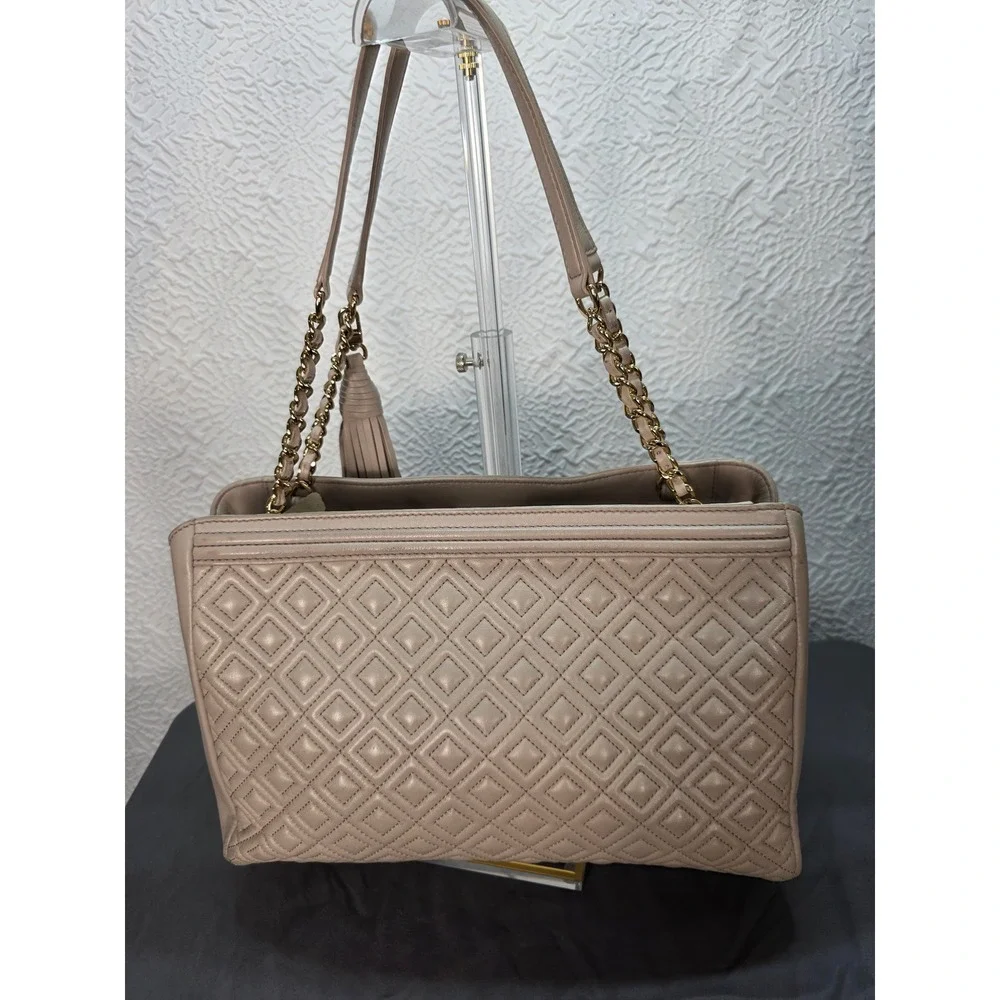 Tory Burch Fleming Tote Large Beige Good Quilted Leather Chain Shoulder Bag